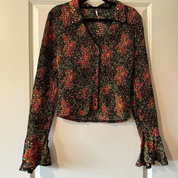 Free People Amelia Printed Blouse Red Green Black Size Large EUC - Picture 3 of 6